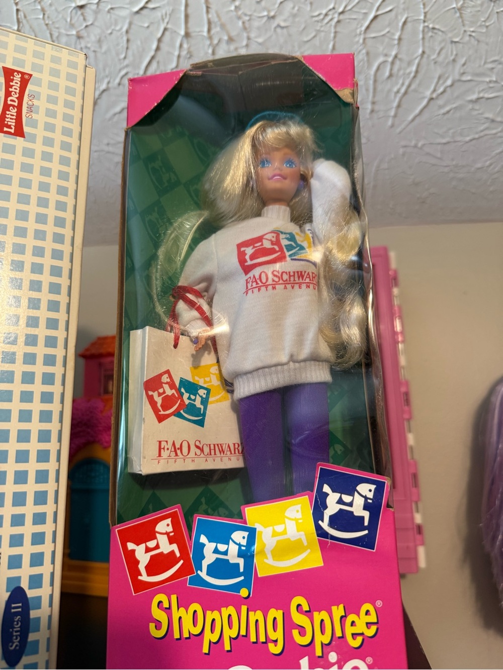 FAO Schwarz Blonde Doll in White Sweatshirt and Purple Pants